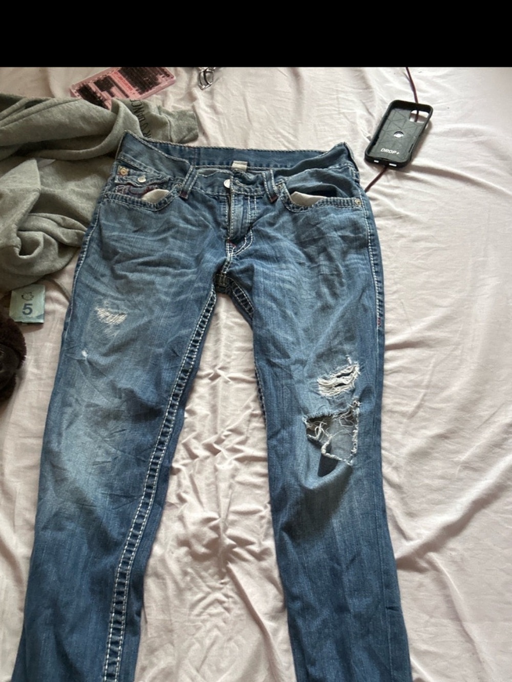 True Religion Men’s Slim Straight Distressed Blue Jeans